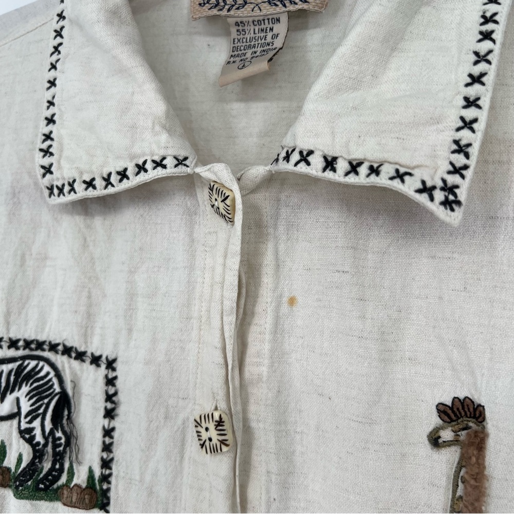VTG New Directions‎ Safari Print Embroidered Button Shirt Large Linen Cotton - Picture 6 of 16
